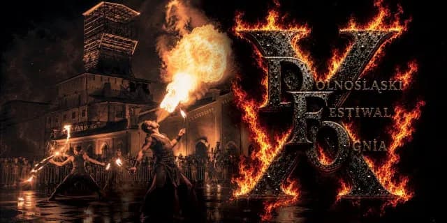 A fire breather exhaling a large flame next to a tall building, with other fire performers and a crowd in the background, and text encased in fire on the right.